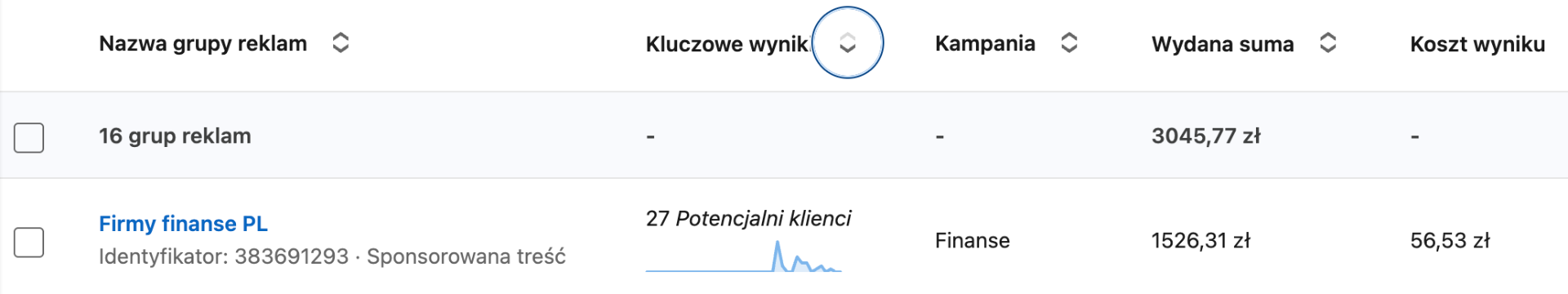 Wyniki kampanii LinkedIn Ads – 27 leadów po 56,53 zł, grupa Firmy finanse PL